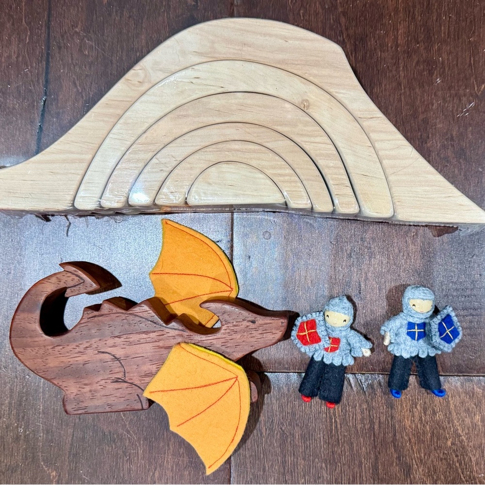 Wooden Waldorf Dragon Cave Playset with Knights